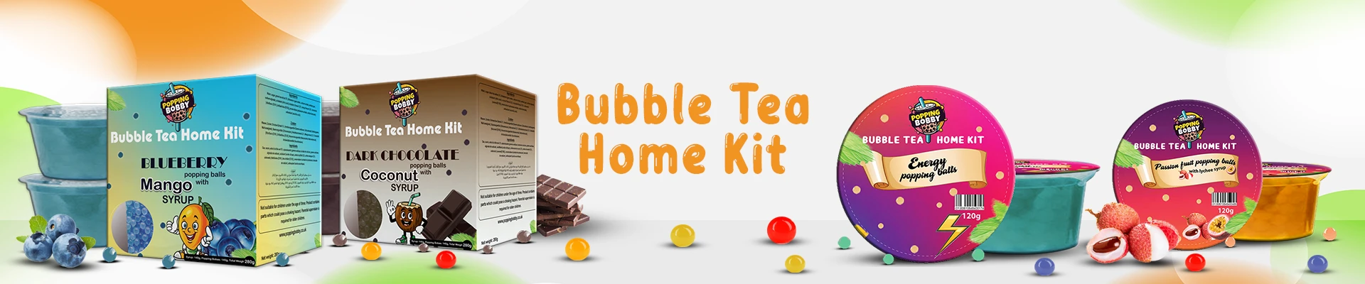 Popping Bobby Bubble Tea Home Kit featuring a variety of flavors with popping balls and syrup for a fun DIY experience.